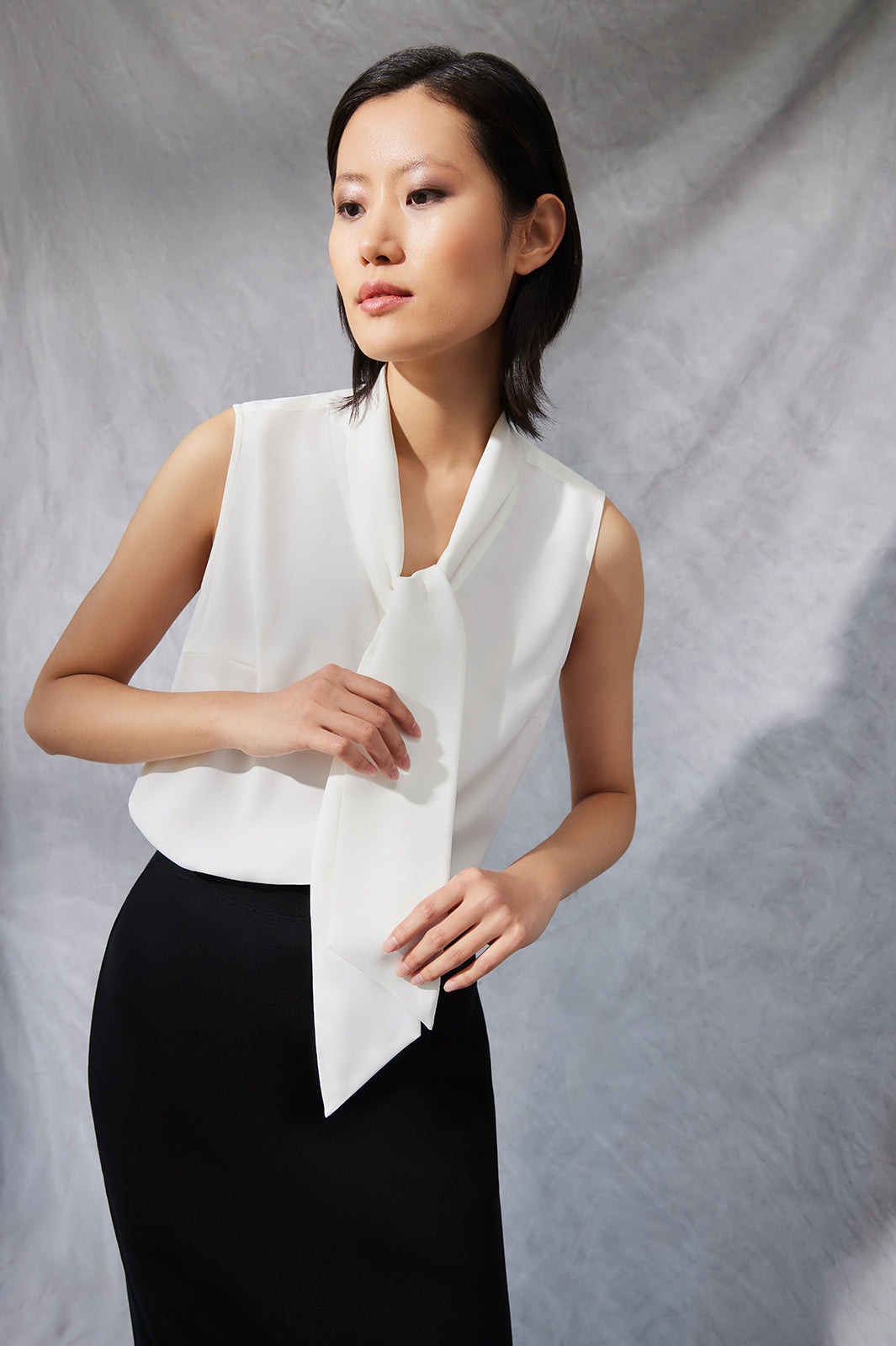 Drape Tie-Neck Crepe de Chine Blouse, White | Ming Wang Drape Tie-Neck Crepe de Chine Blouse, White | Ming Wang