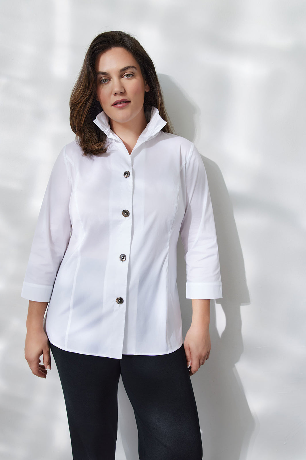 Ming Wang Ruffle Neck Button Front Cotton Poplin Blouse White Black Ming Wang Ruffle Neck Button Front Cotton Poplin Blouse White Black