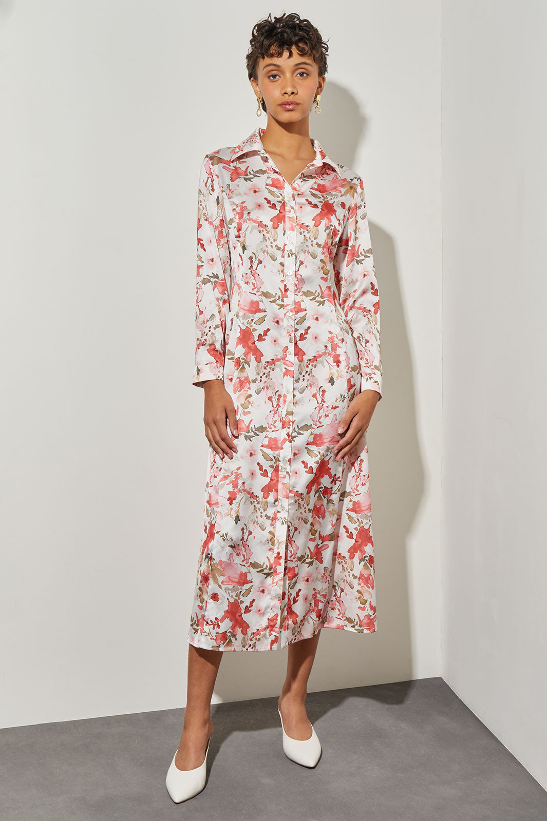 long-sleeve crepe shirt dress Women's Petite Zip Front Crepe Shirt Midi Dress, Tobacco