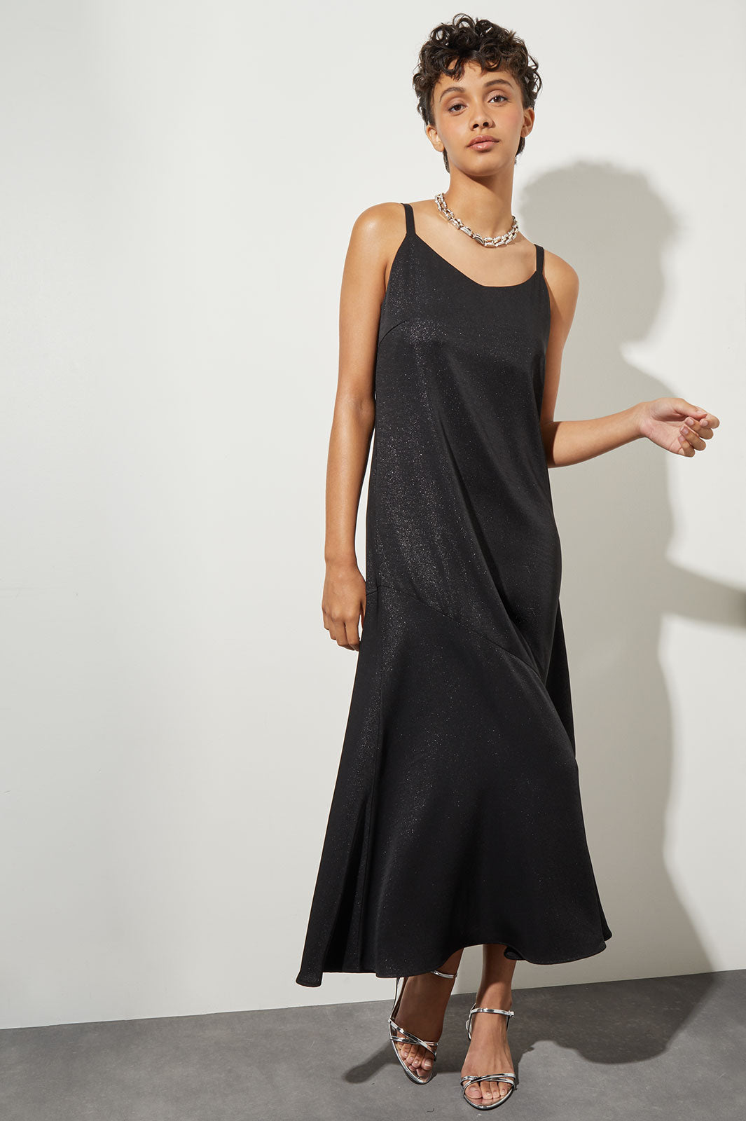 maxi a line dress Maxi A-Line Dress - Spaghetti Strap Metallic Woven
