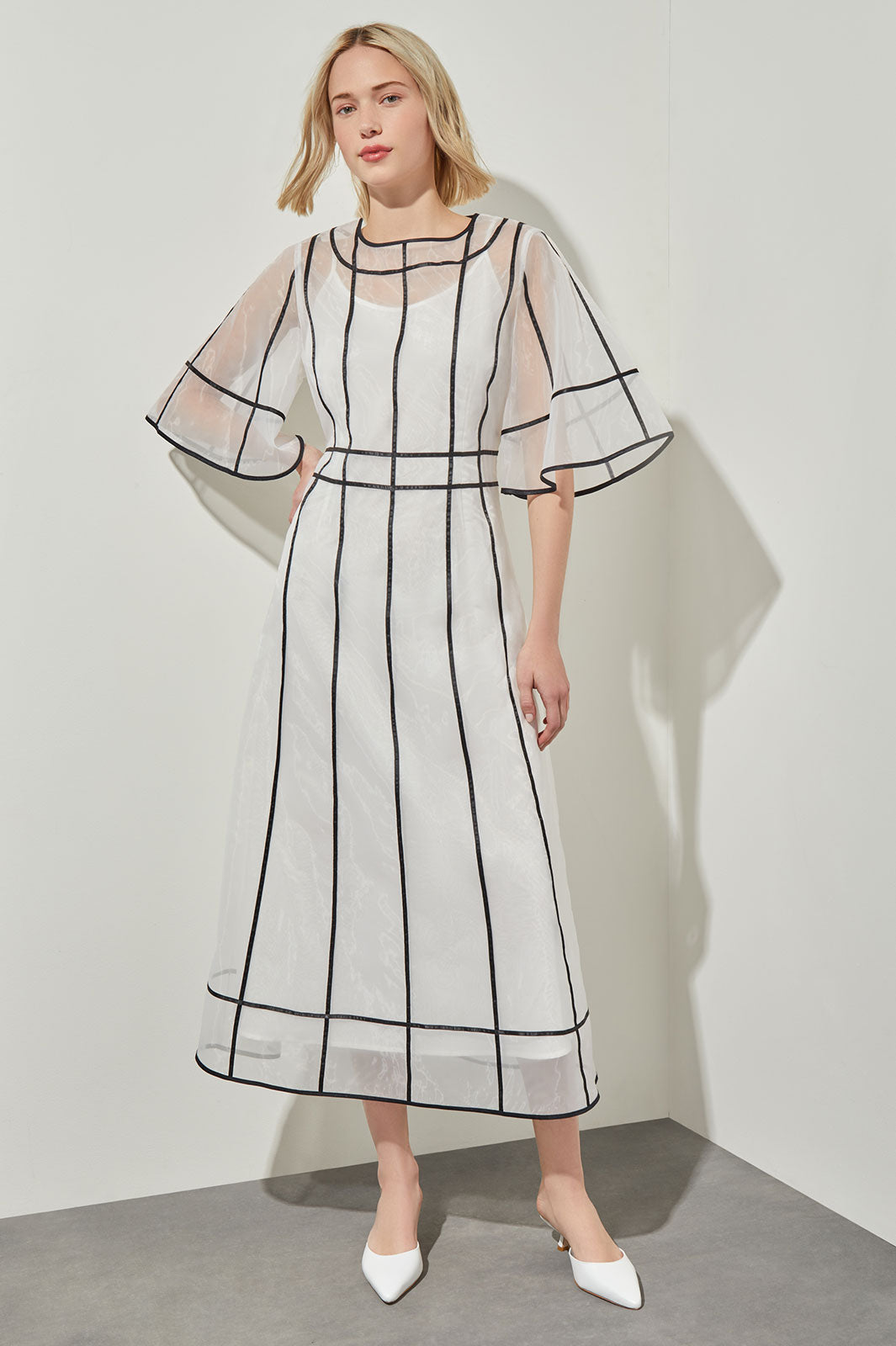 Modern Fit-N-Flare Midi Dress - Contrast Stripe Organza | Ming Wang Modern Fit-N-Flare Midi Dress - Contrast Stripe Organza | Ming Wang