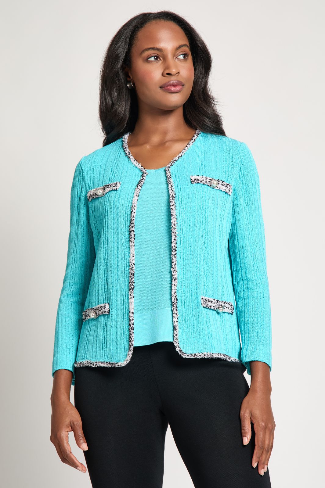 Plus Size Heritage Fit Eyelash Trim Textured Knit Jacket