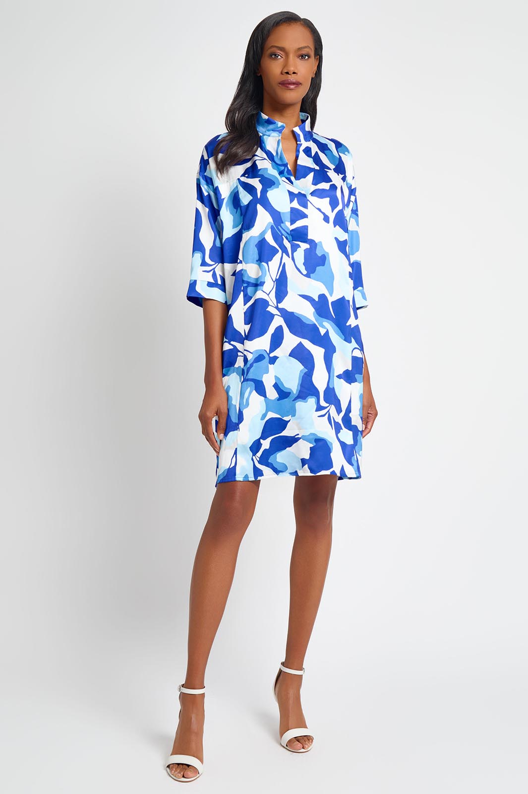 Plus Size Floral Printed Crepe de Chine Shirt Dress Ming Wang