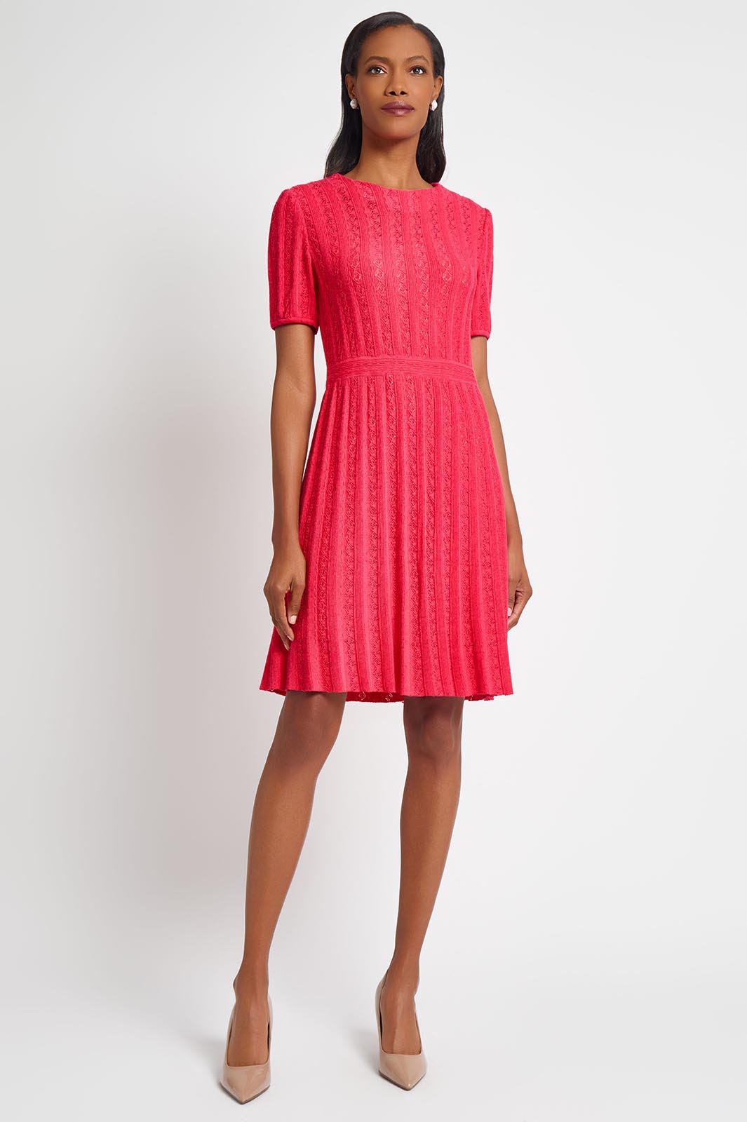 Plus Size Fit-N-Flare Diamond Pointelle Soft Knit Dress Ming Wang