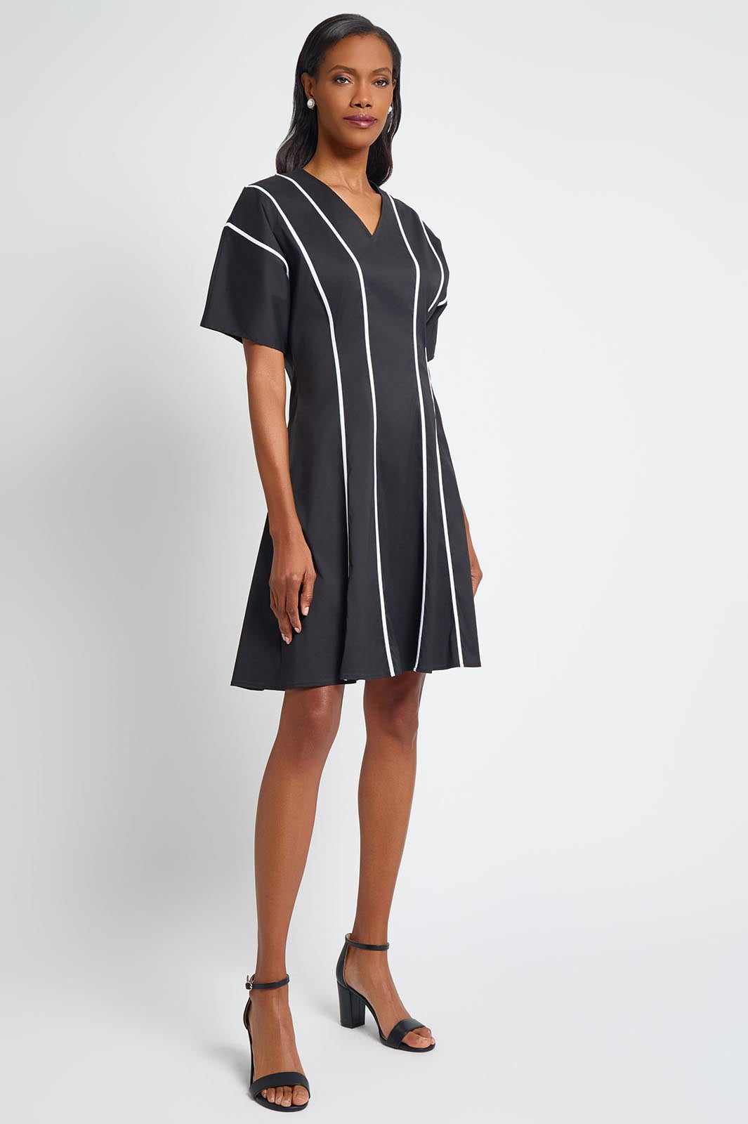 Fit-N-Flare Contrast Trim Stretch Cotton Dress | Ming Wang Fit-N-Flare Contrast Trim Stretch Cotton Dress | Ming Wang