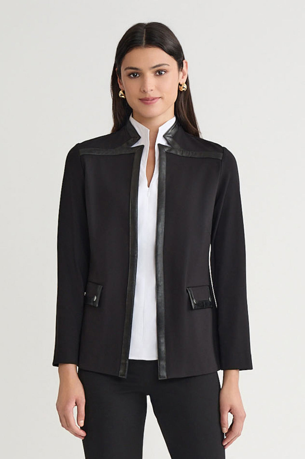 Heritage Stretch Ponte Faux Leather Trim Long Jacket | Ming Wang Heritage Stretch Ponte Faux Leather Trim Long Jacket | Ming Wang