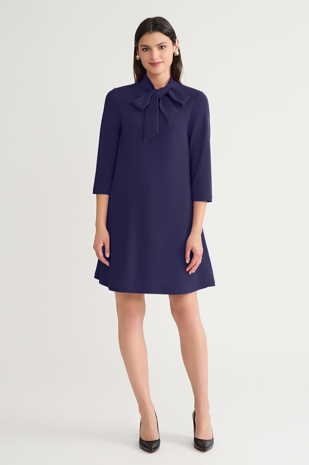 Stretch Deco Crepe Tie-Neck Tent Dress, Indigo