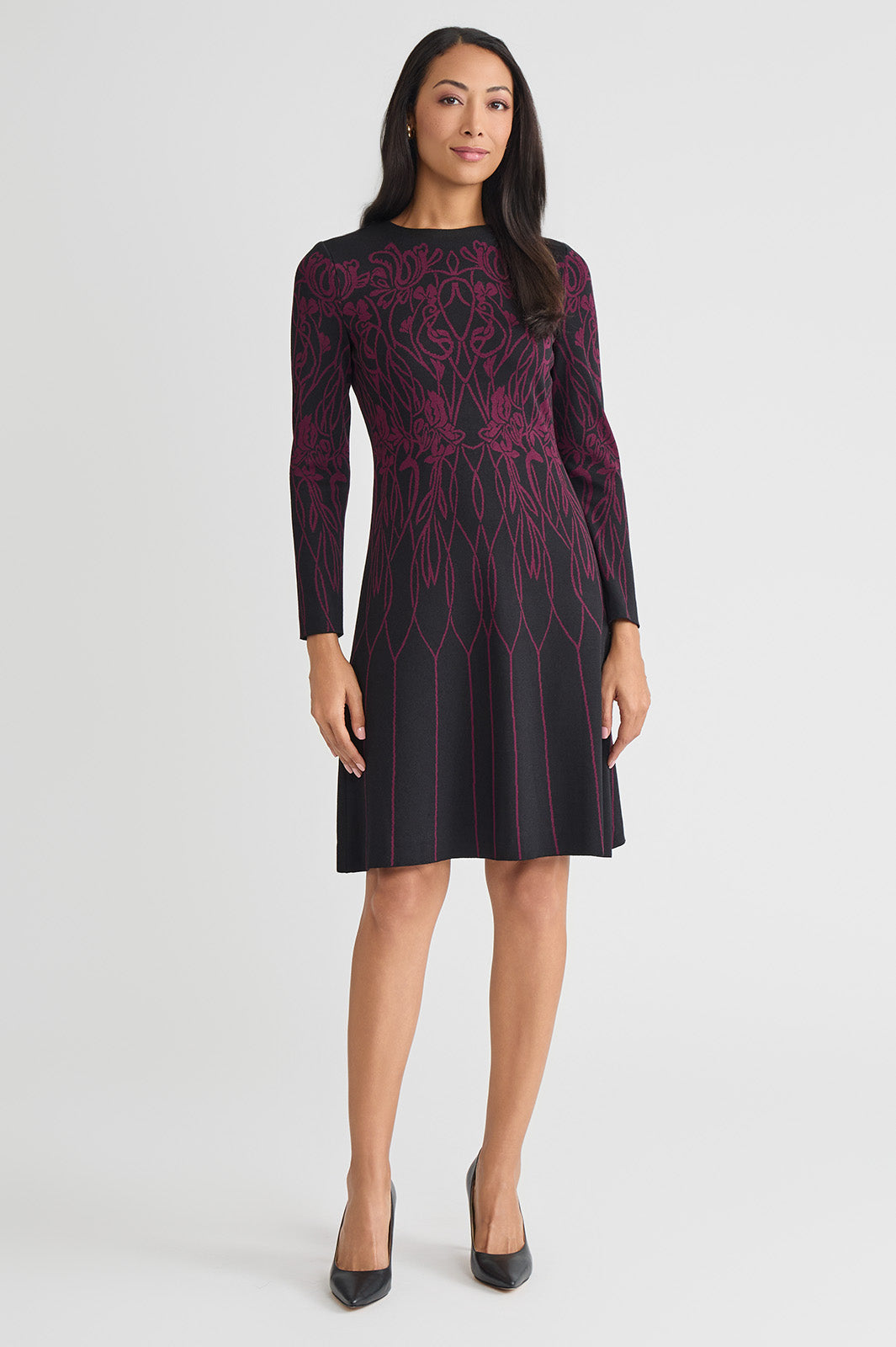 Flared Floral Jacquard Soft Knit Dress
