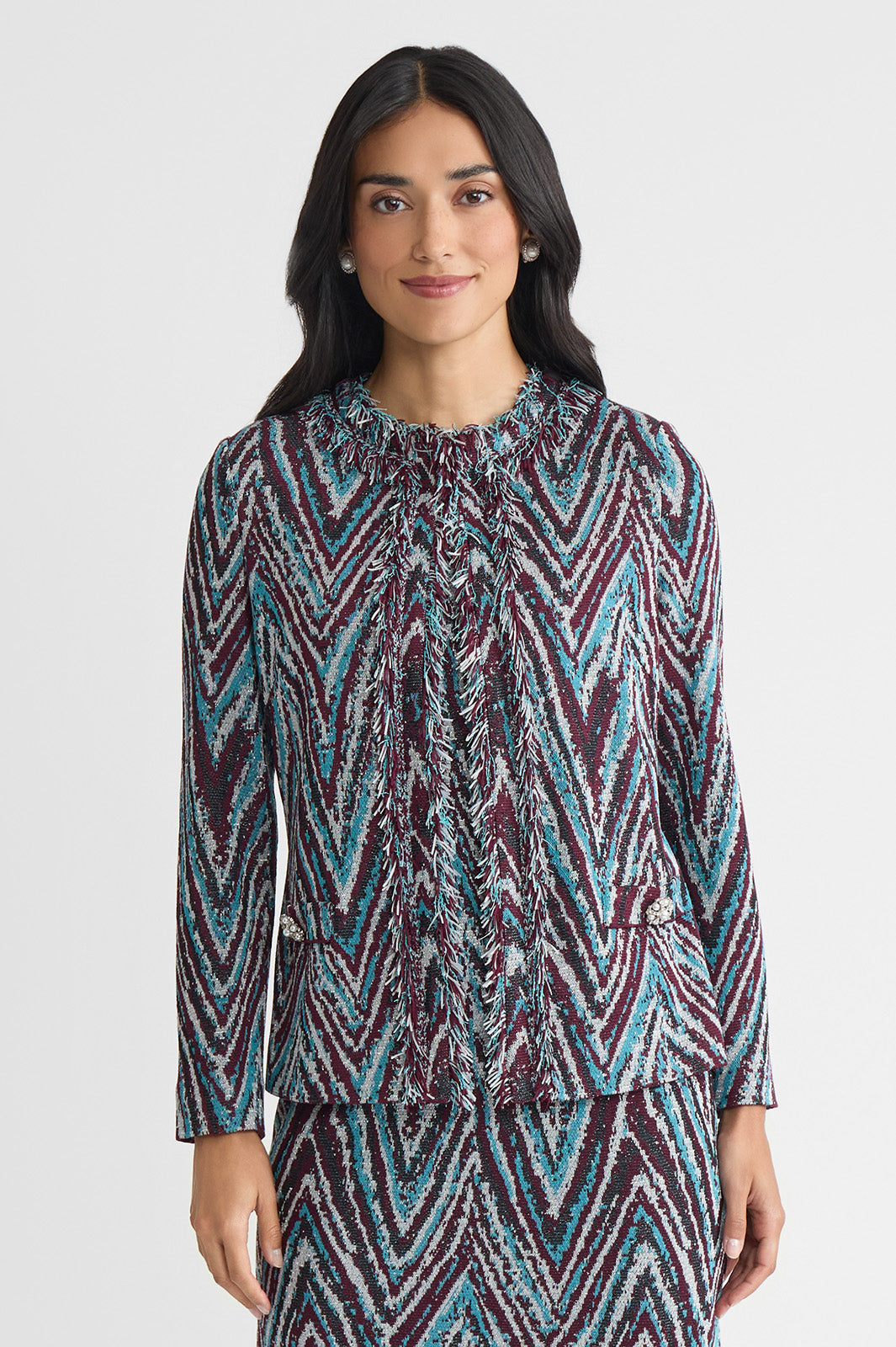Plus Size Heritage Lurex Fringe Trim Jacquard Knit Jacket | Ming Wang