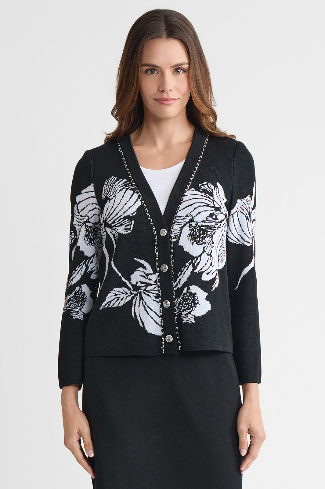 Heritage Chain Trim Floral Jacquard Knit Cardigan | Ming Wang