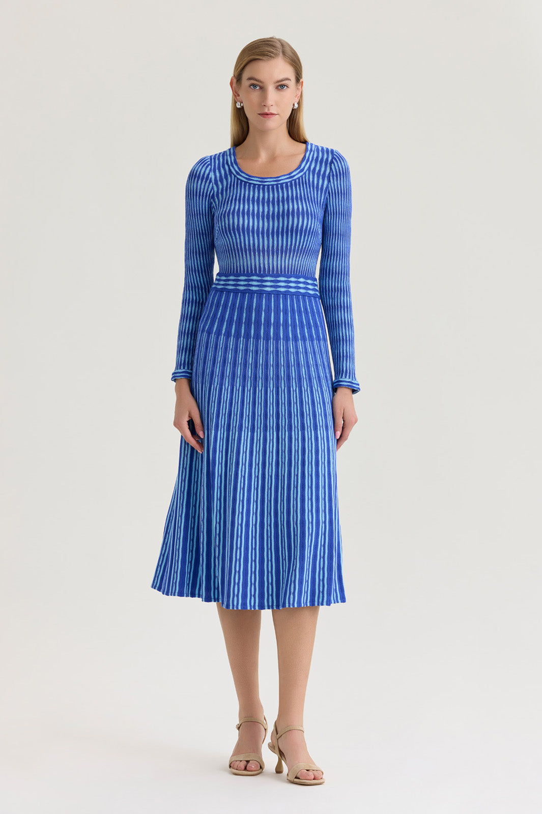 Linear Pointelle Lined Tonal Soft Knit Fit-N-Flare Midi Dress Linear Pointelle Lined Tonal Soft Knit Fit-N-Flare Midi Dress