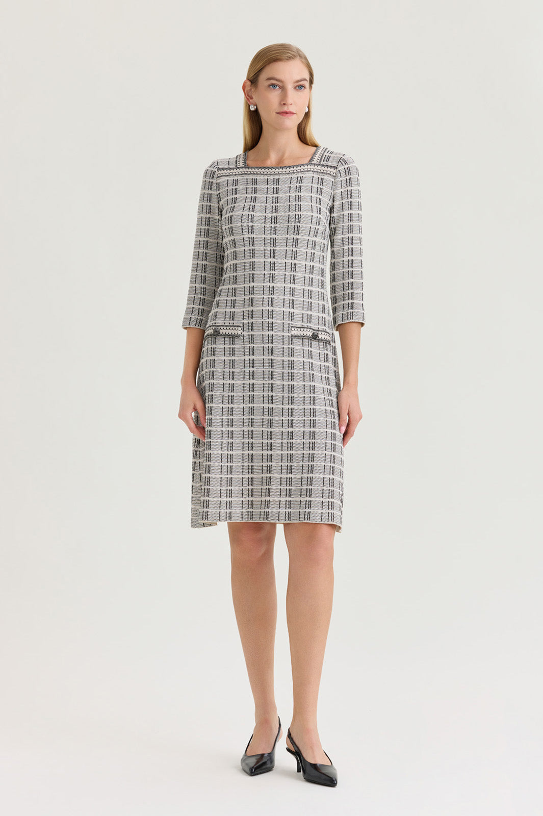 A-Line Contrast Stitch Tweed Knit Dress A-Line Contrast Stitch Tweed Knit Dress