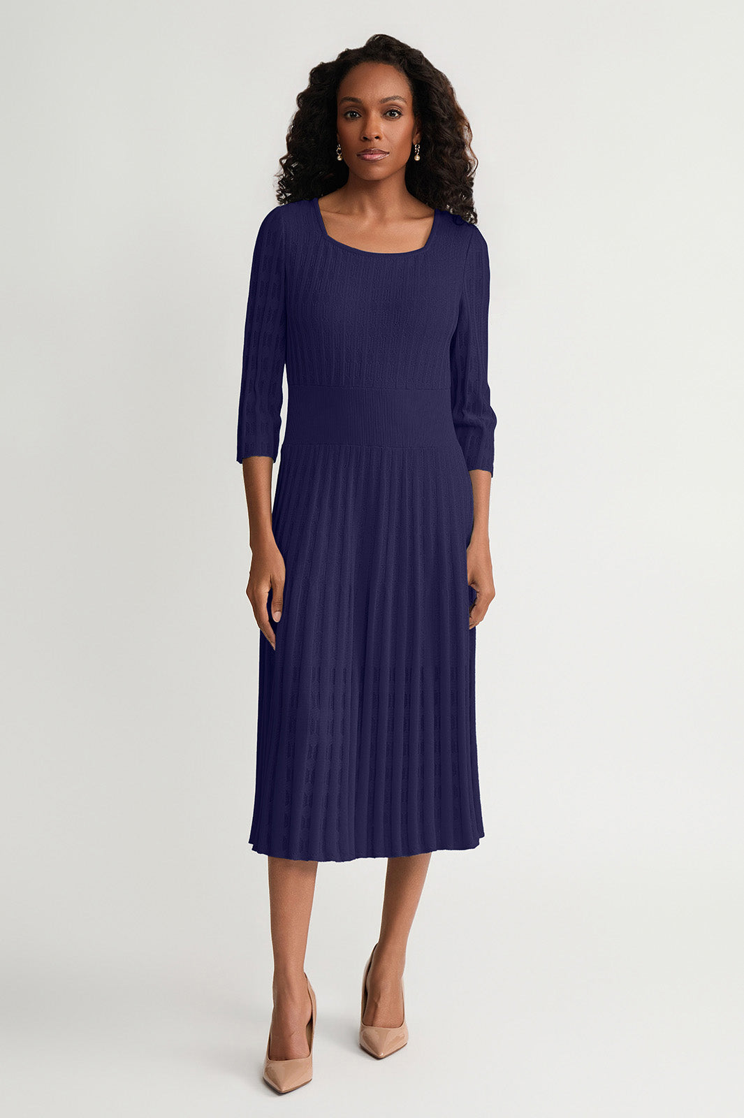 Linear Pointelle Tonal Knit Fit-N-Flare Midi Dress, Indigo Linear Pointelle Tonal Knit Fit-N-Flare Midi Dress, Indigo