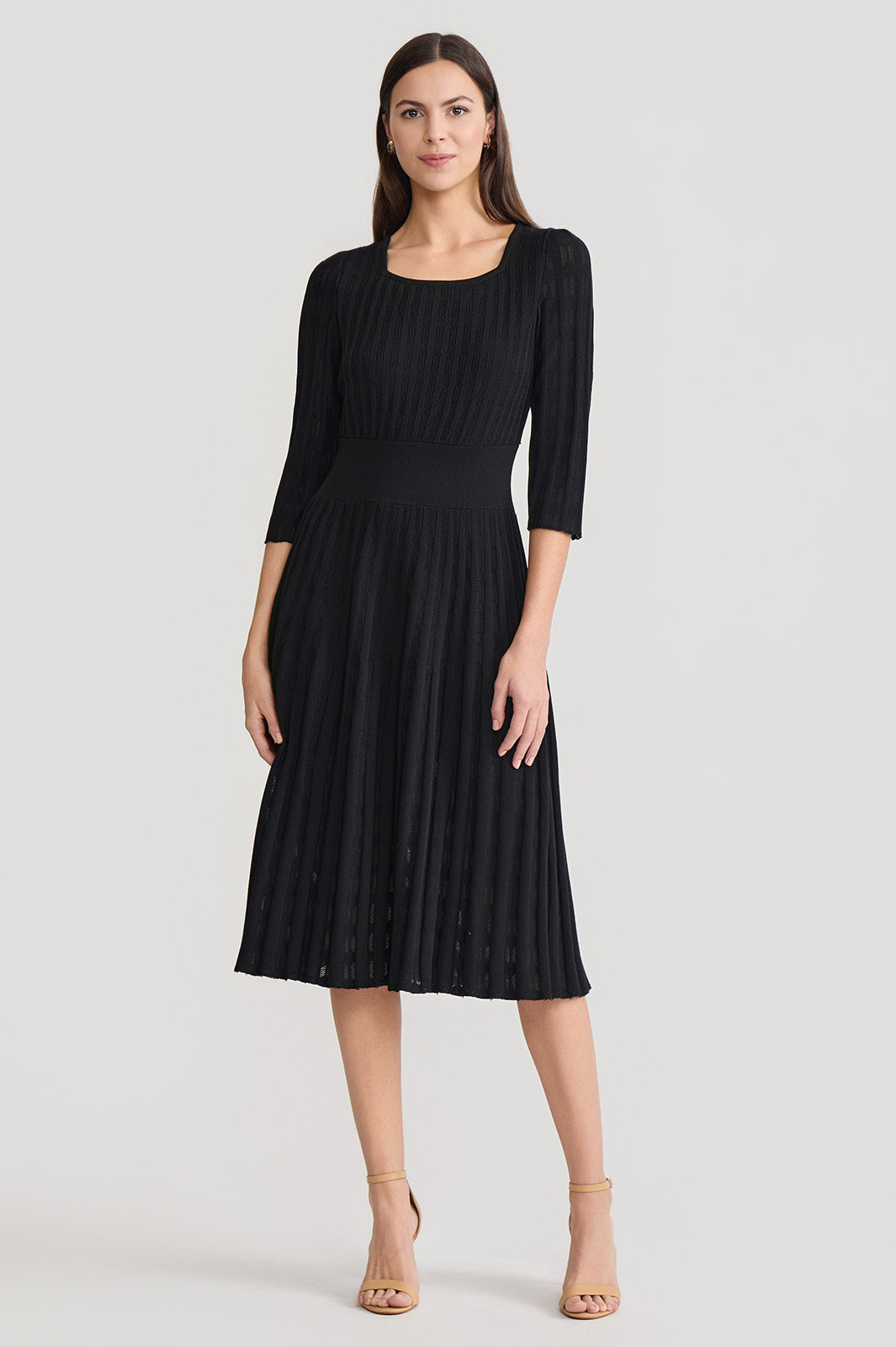 knit fit and flare dress Linear Pointelle Tonal Knit Fit-N-Flare Midi Dress, Black