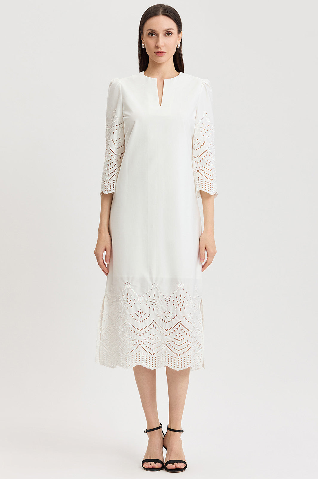 Lined Eyelet Straight Cotton Maxi Dress