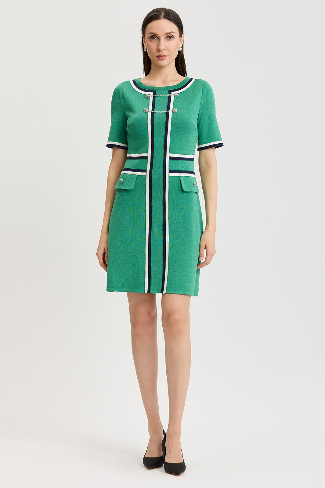 green knit dress Button Detail Contrast Trim Soft Knit Dress