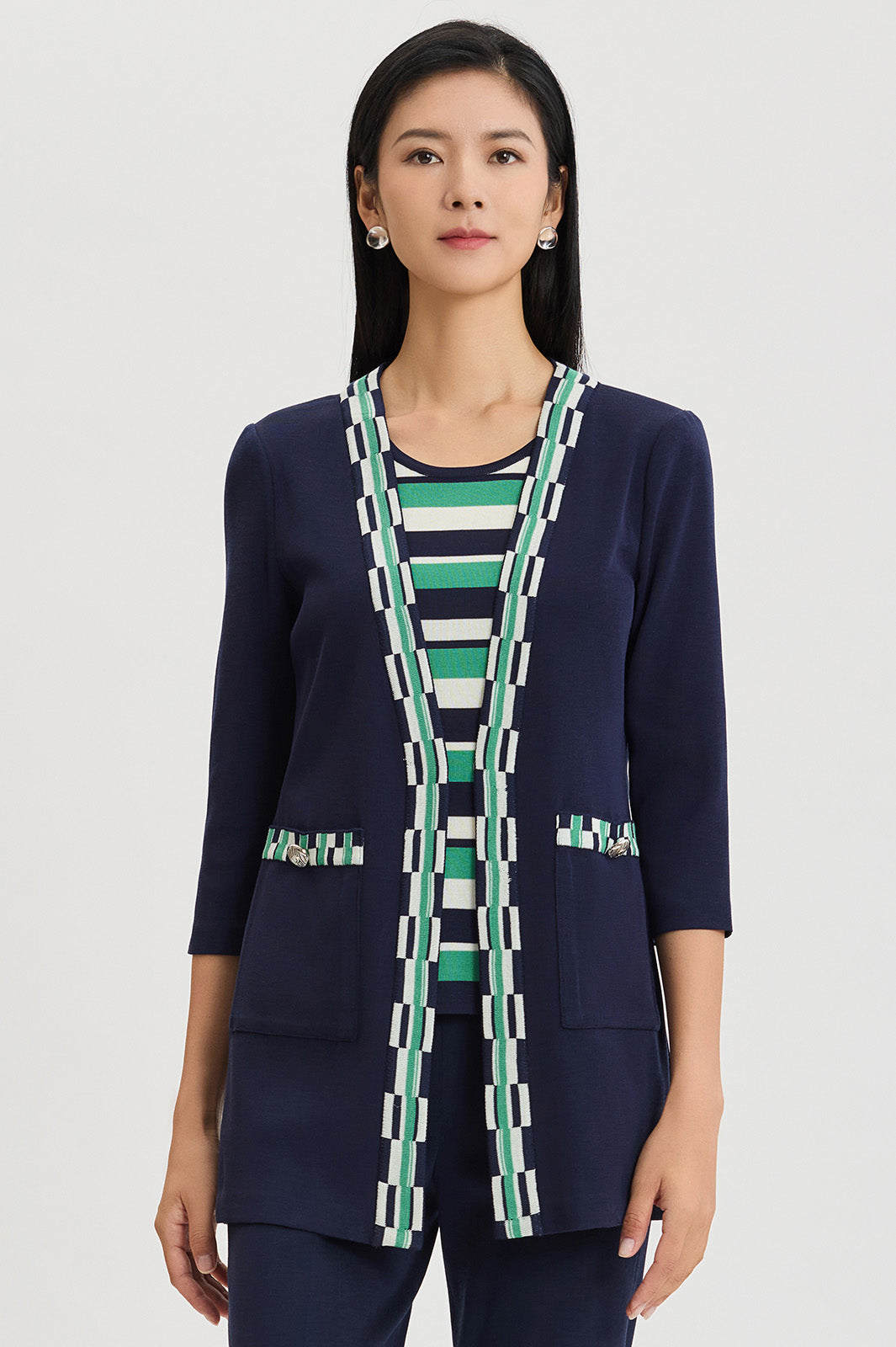Heritage Checkered Trim Soft Knit Jacket | Ming Wang