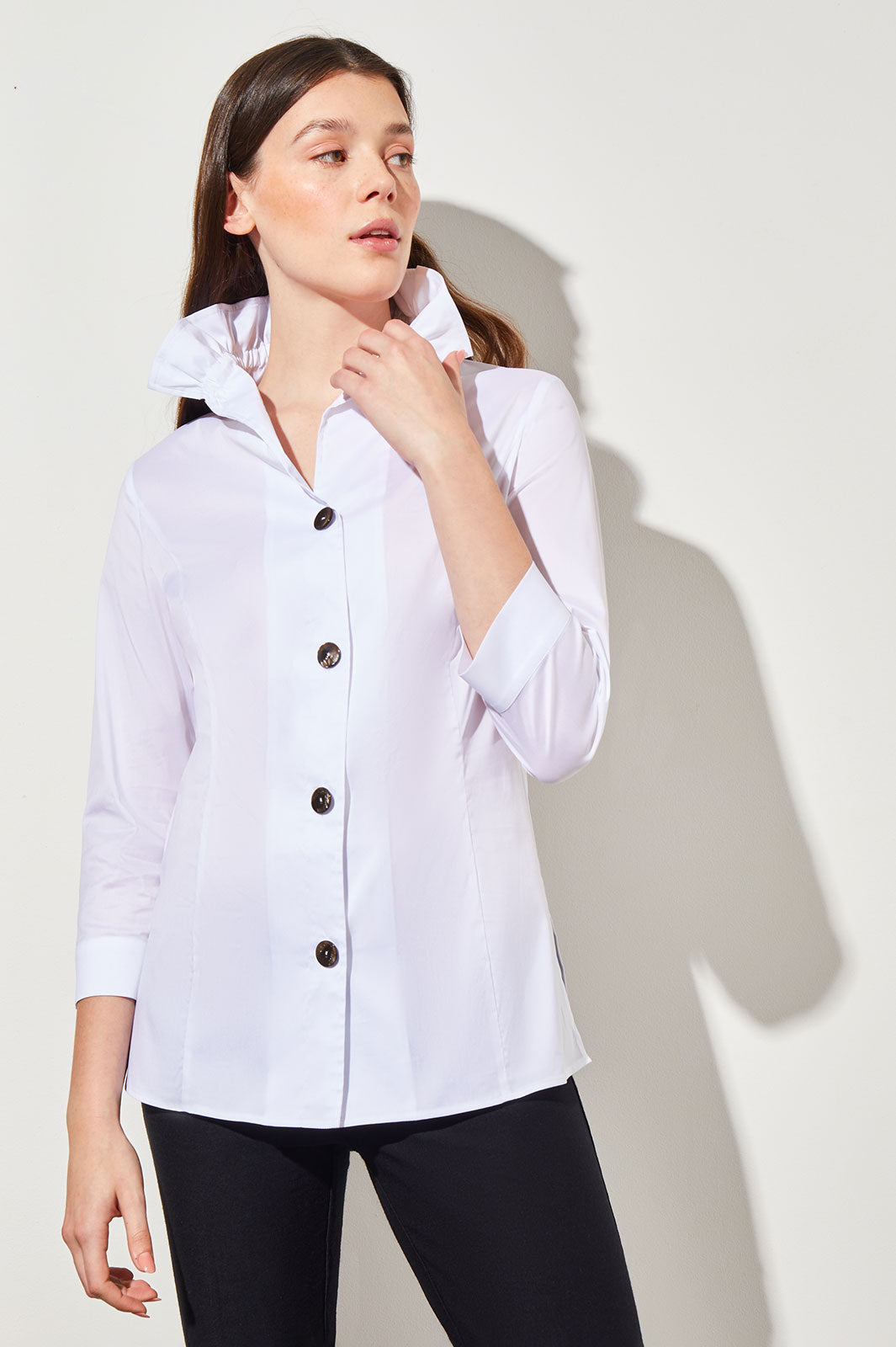 Ruffle Neck Button Front Cotton Poplin Blouse Ruffle Neck Button Front Cotton Poplin Blouse