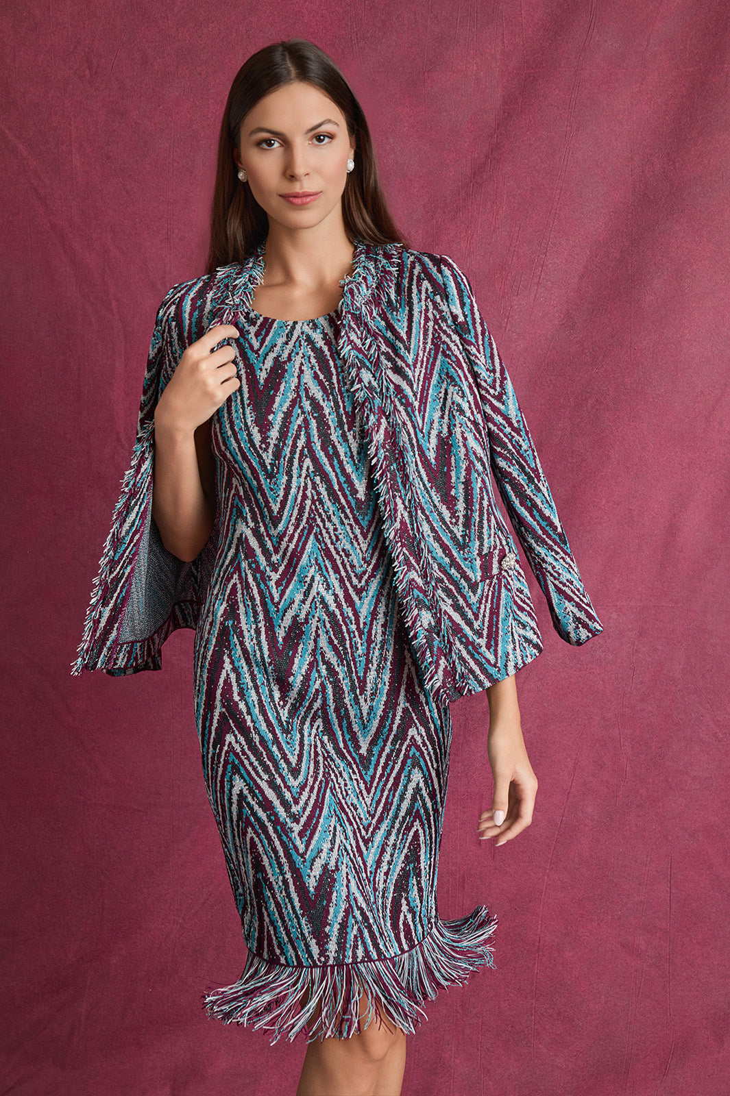 Plus Size Lurex Fringe Trim Jacquard Knit Sheath Dress