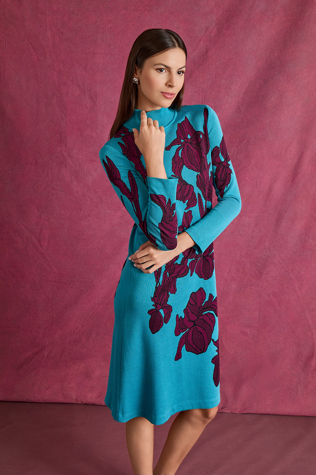 knee length dresses for ladies A-Line Floral Jacquard Soft Knit Midi Dress