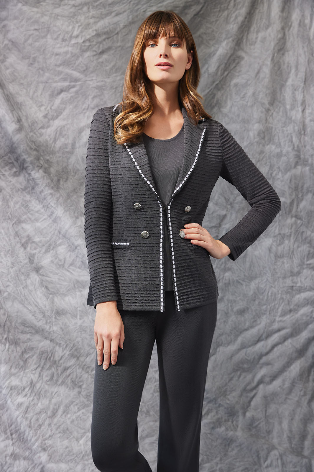 R'IAM TWEED MINI JACKET グレー Tailored Fit Contrast Trim Textured Knit Jacket | Ming Wang
