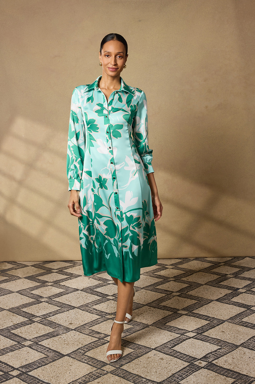 eucalyptus green dress Ming Wang Women's Floral Printed Crepe de Chine Maxi Shirt Dress - Green - Size XL