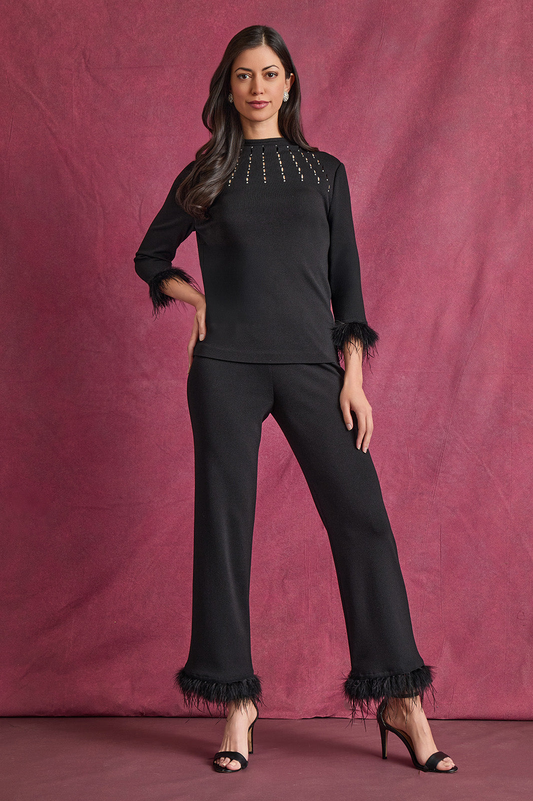 Wide-Leg Soft Knit Feather Pants | Ming Wang display picture 1