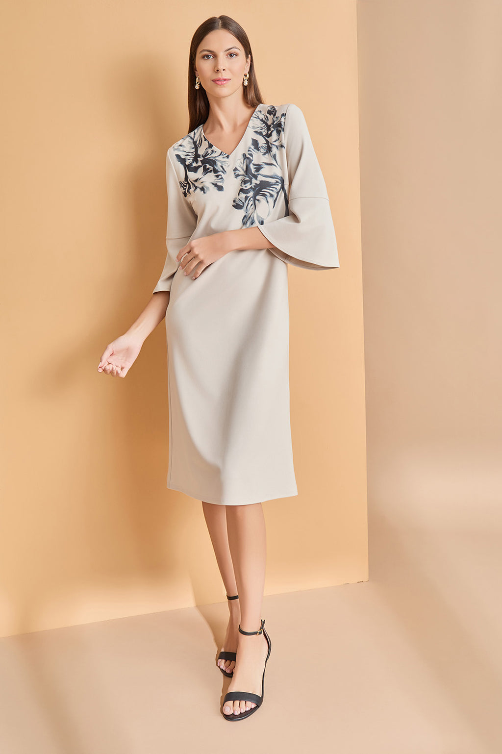 A-Line Floral Printed Stretch Deco Crepe Dress | Ming Wang