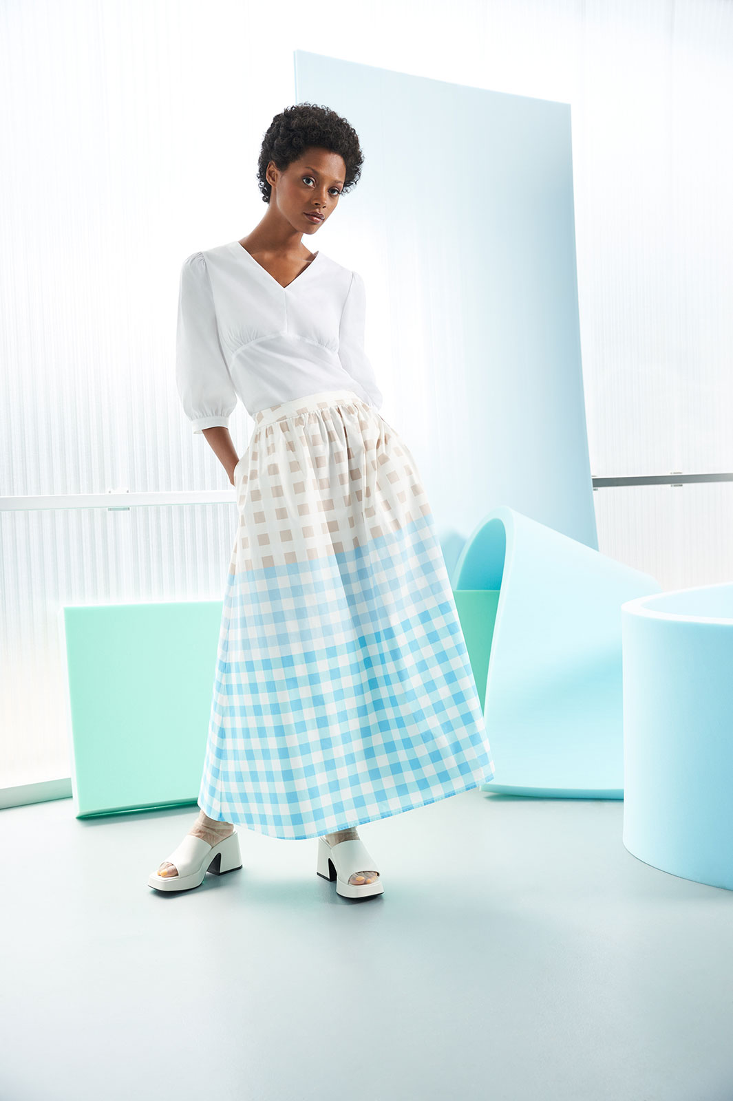 Plus Size Maxi A Line Skirt Gingham Cotton Poplin