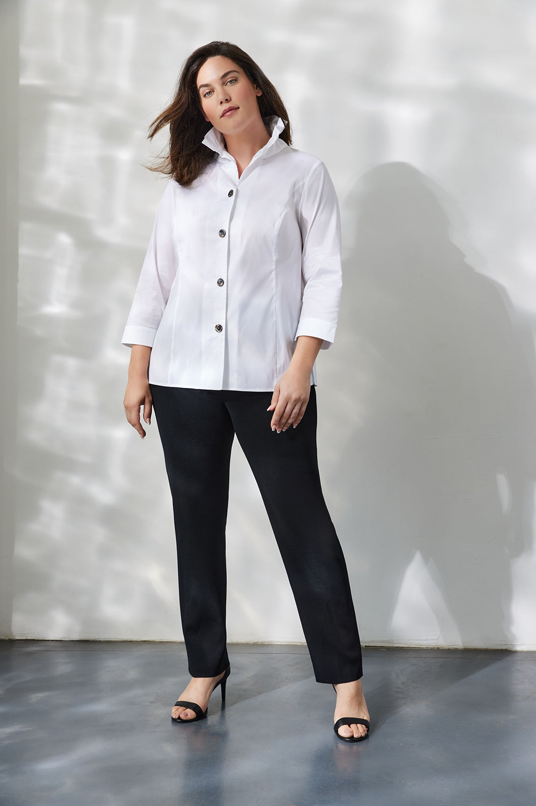 Plus Size Ruffle Neck Button-Front Stretch Cotton Blouse | Ming Wang Plus Size Ruffle Neck Button-Front Stretch Cotton Blouse | Ming Wang