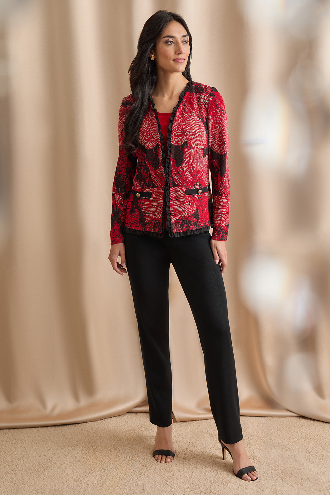 Heritage Floral Ruffle Trim Jacquard Knit Jacket | Ming Wang