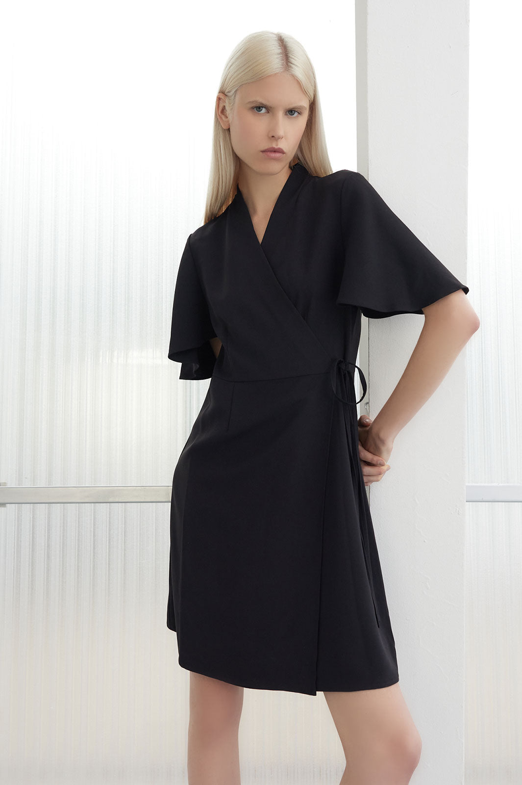 Butterfly Sleeve Crepe de Chine Wrap Dress, Black | Ming Wang