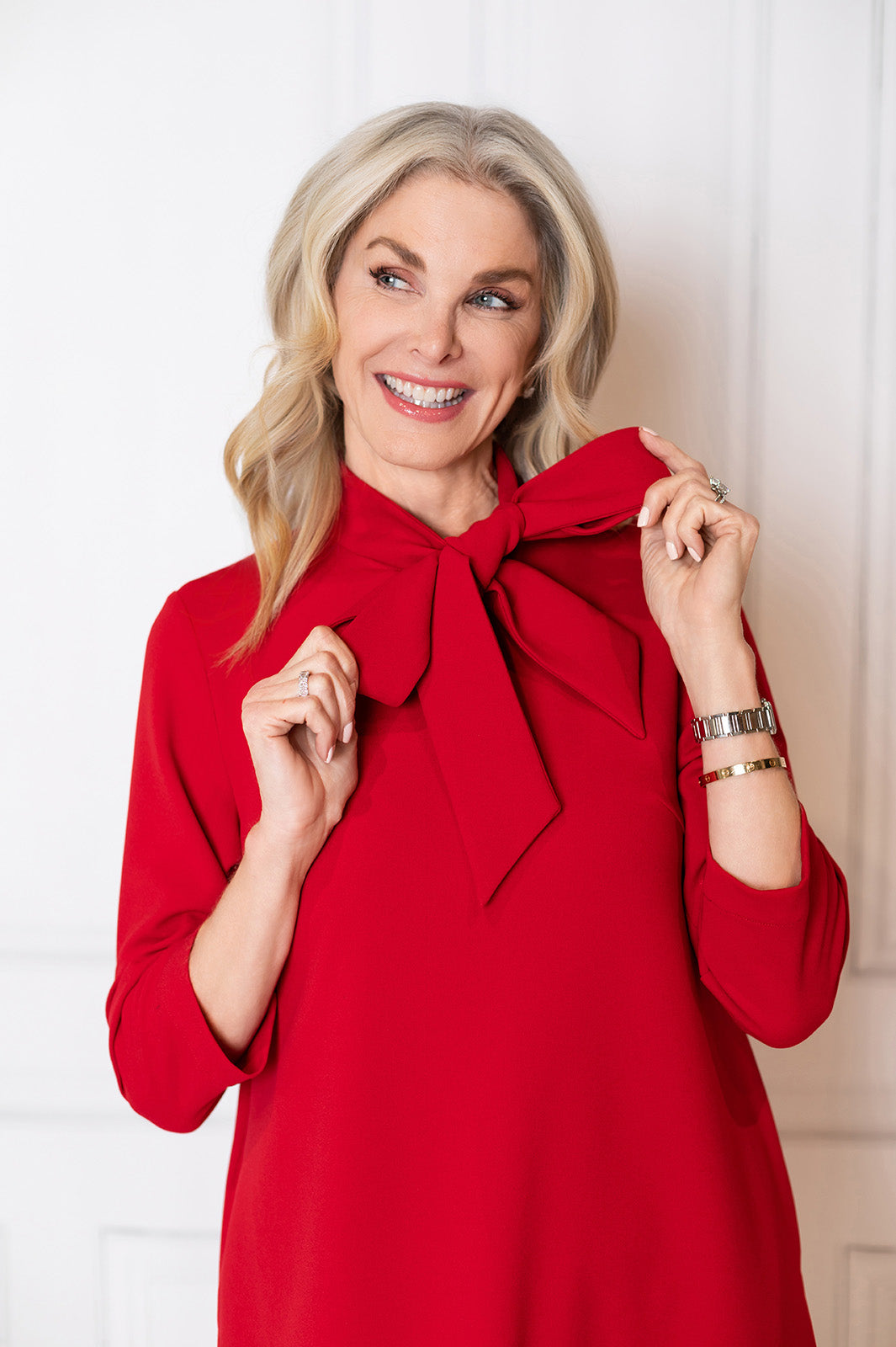 Stretch Deco Crepe Tie-Neck Tent Dress