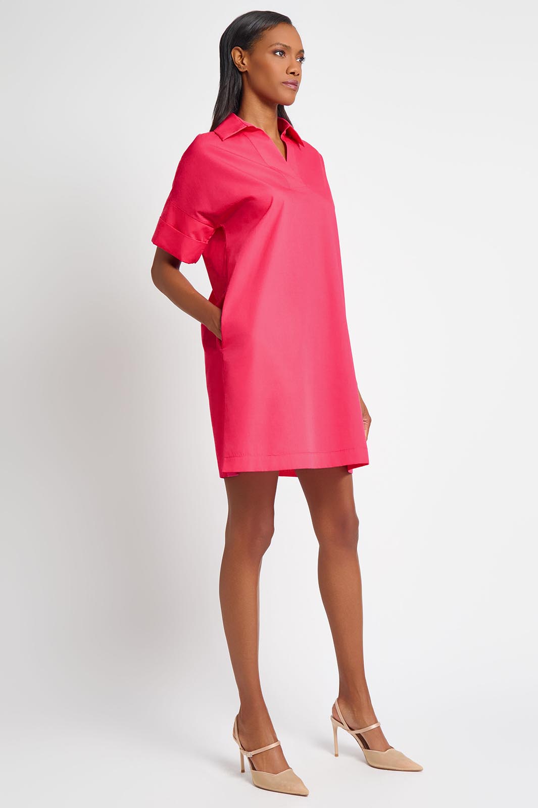 Side Pocket A-Line Cotton Shirt Dress | Ming Wang