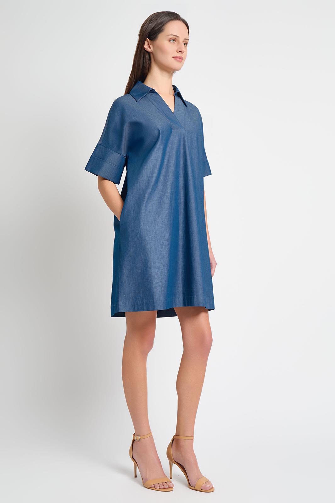 Side Pocket A-Line Cotton Shirt Dress | Ming Wang