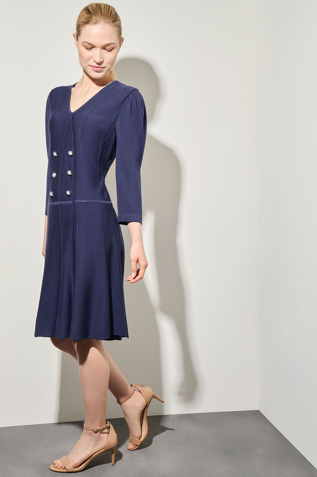 Knee Length A-Line Dress - Faux Wrap Soft Knit, Regatta | Ming Wang