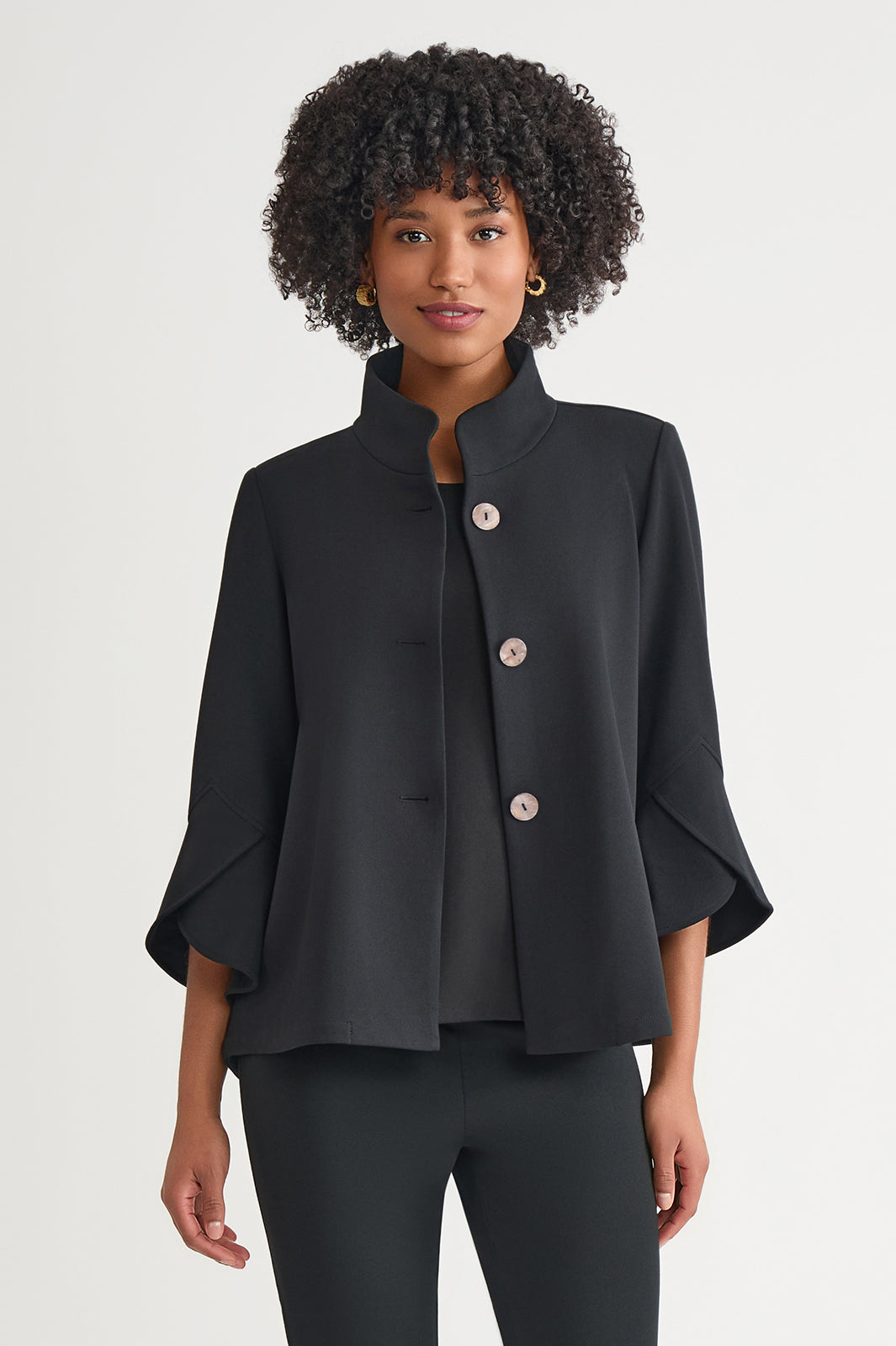 Button-Front Bell Sleeve Deco Crepe Jacket | Ming Wang