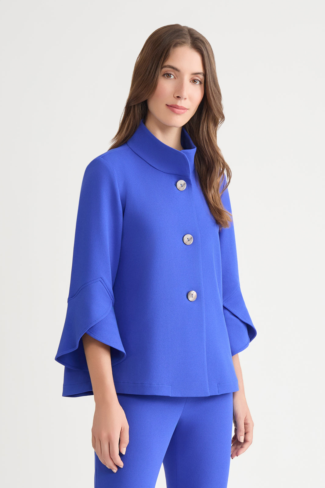 Button-Front Bell Sleeve Deco Crepe Jacket | Ming Wang