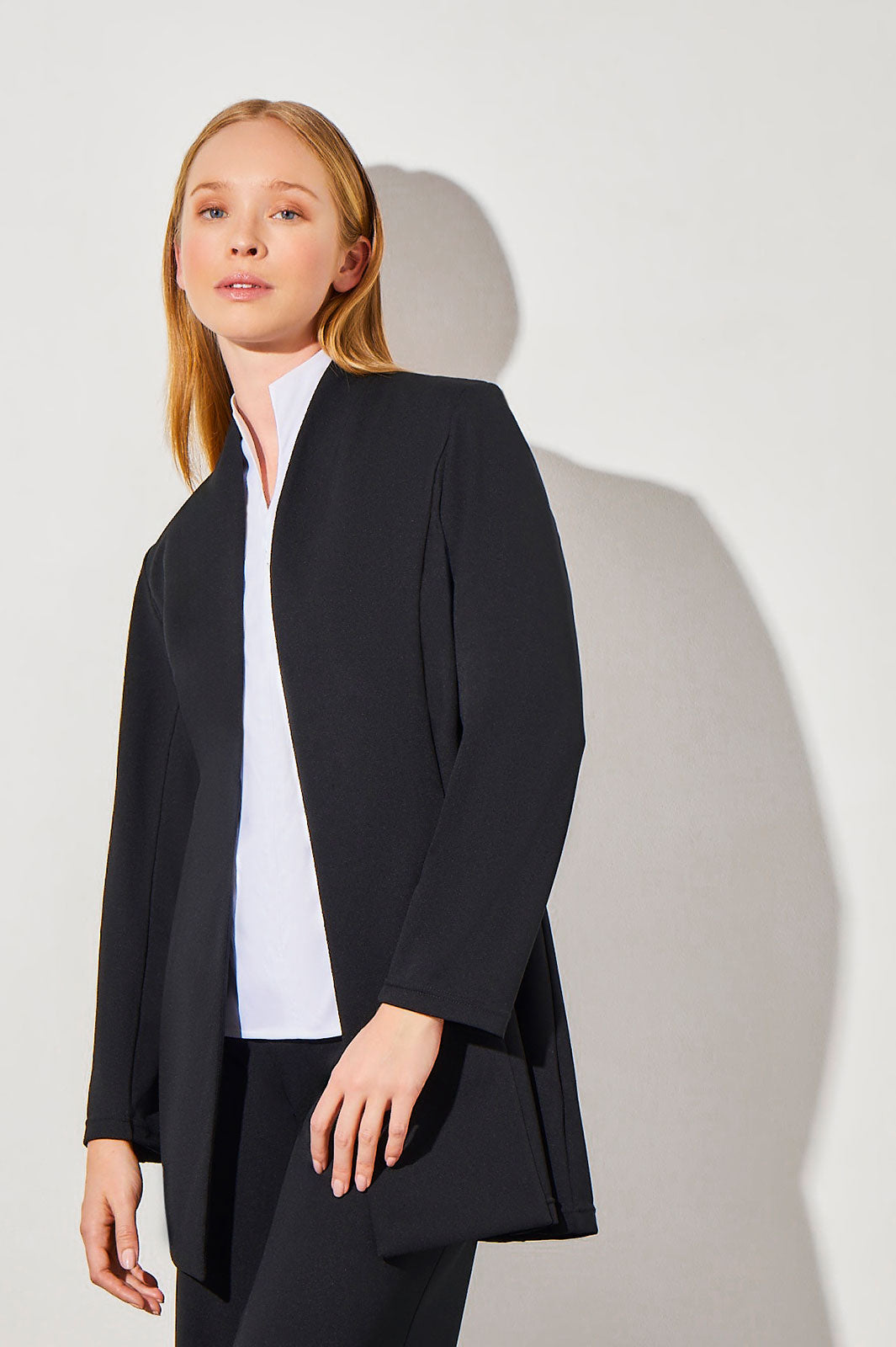 Mandarin Collar Open Front Deco Crepe Jacket | Ming Wang