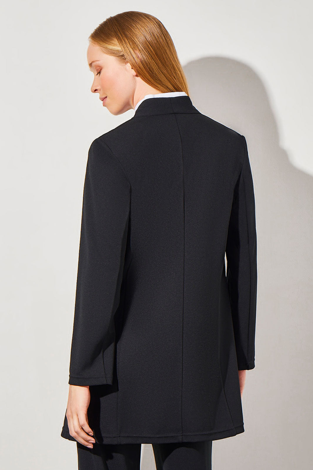 Modified Mandarin Collar Open Front Deco Crepe Jacket