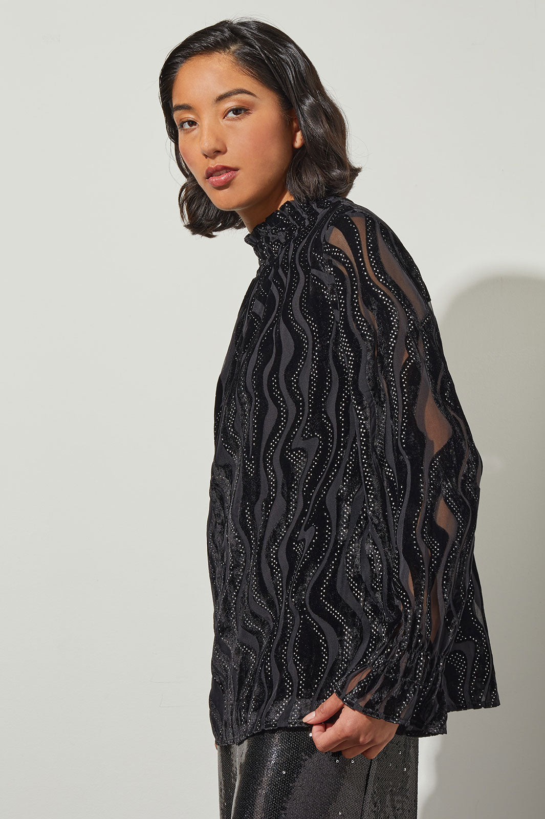 Gathered Neck Blouse - Velvet Pattern | Ming Wang