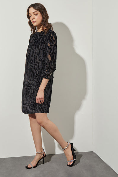 Knee Length Shift Dress - Long Sleeve Velvet Stripe | Ming Wang