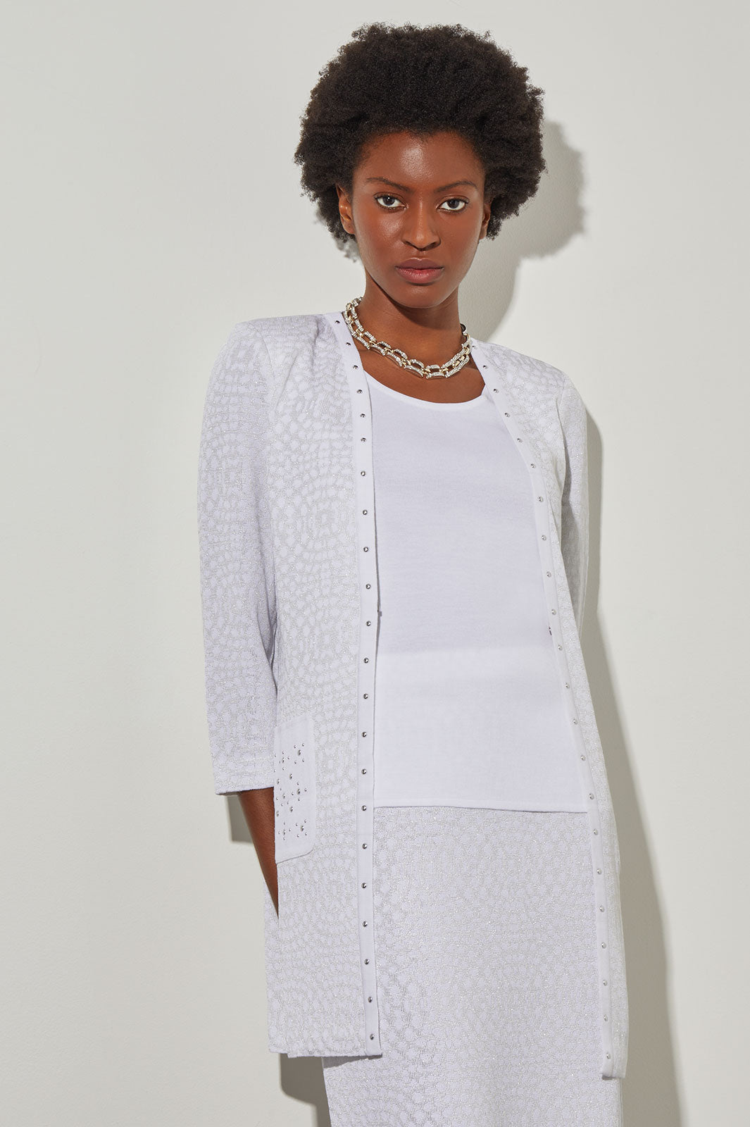 Plus Size Open Front Jacket - Stud Trim Textured Knit | Ming Wang
