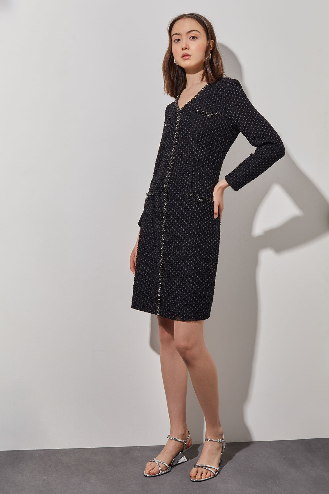 Above the Knee Sheath Dress - Chain Trim Textured Knit | Ming Wang