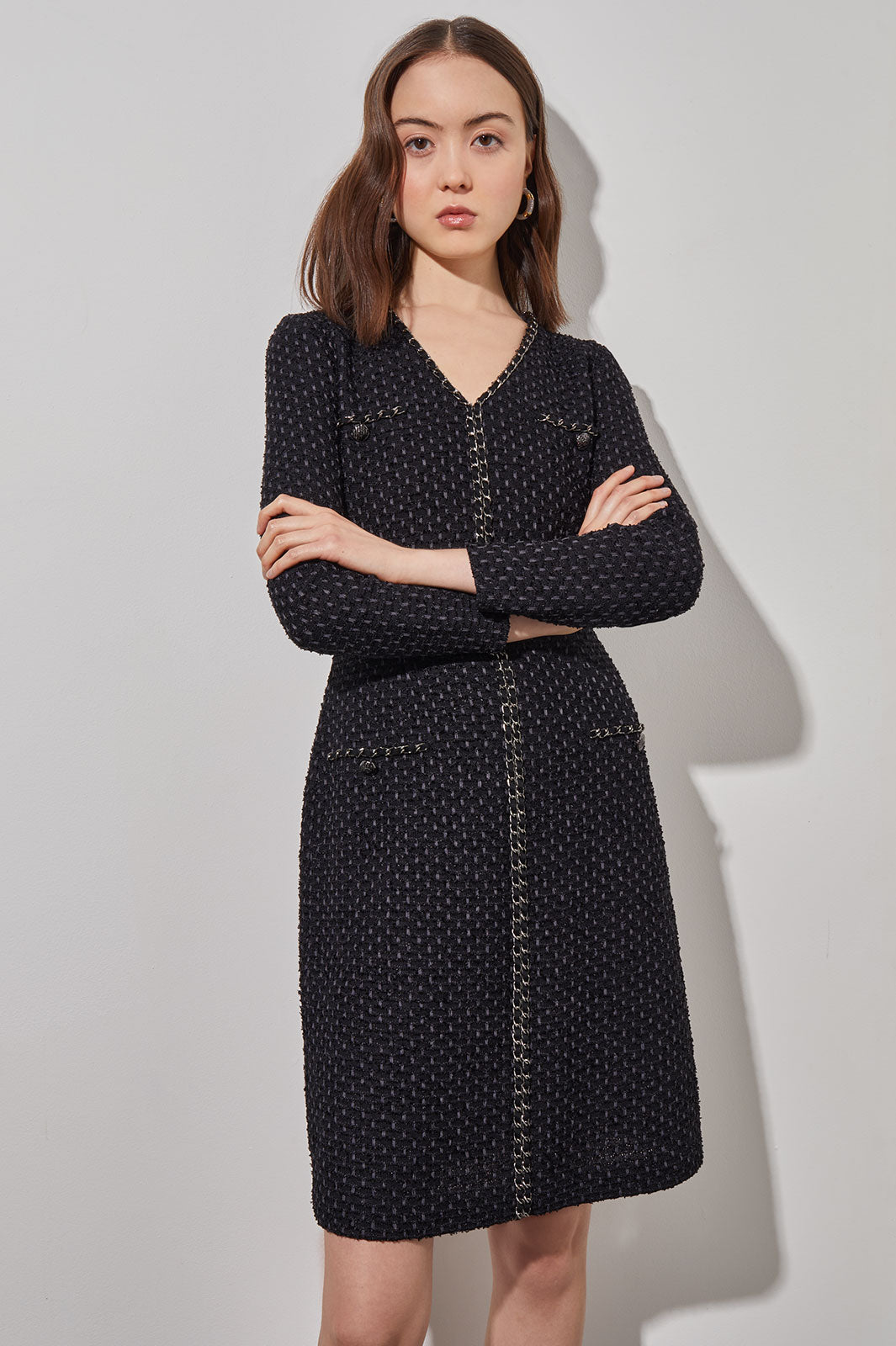 Above the Knee Sheath Dress - Chain Trim Textured Knit | Ming Wang