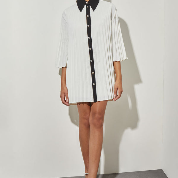 Mini Pleated Shift Dress - Contrast Trim Crepe de Chine
