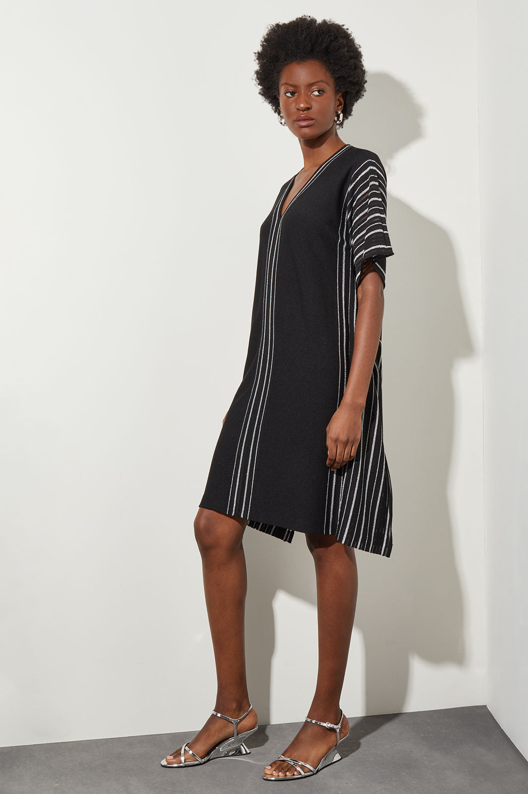 Knee Length Shift Dress V Neck Stripe Soft Knit