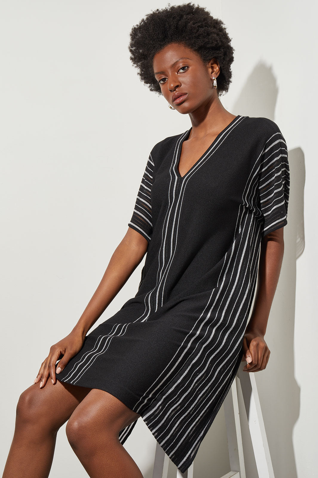 Knee Length Shift Dress V Neck Stripe Soft Knit