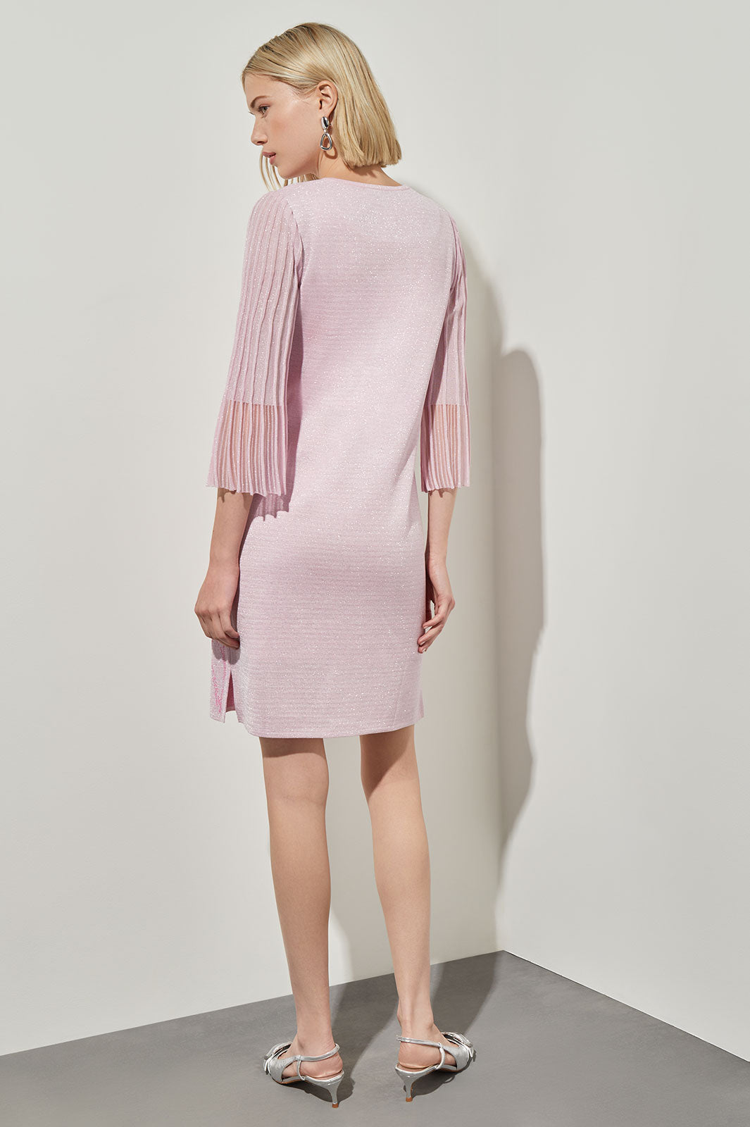 Knee-Length Sheath Dress - Pleated Bell Sleeve Soft Knit