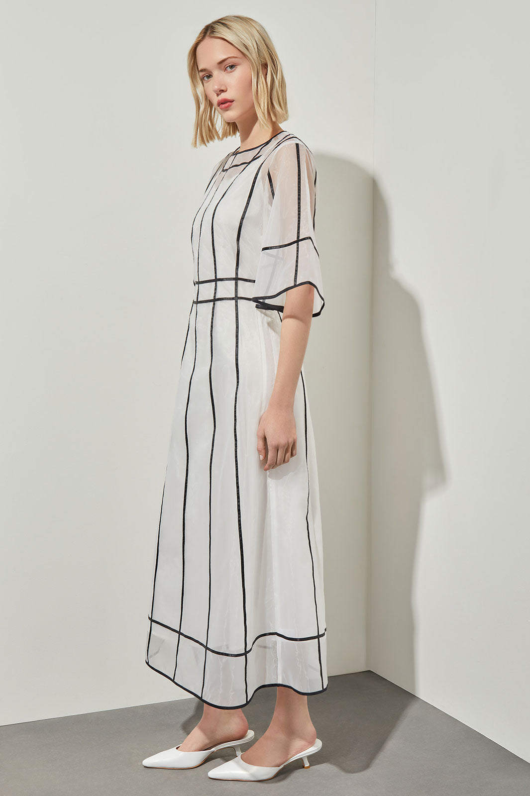 Modern Fit-N-Flare Midi Dress - Contrast Stripe Organza | Ming Wang Modern Fit-N-Flare Midi Dress - Contrast Stripe Organza | Ming Wang